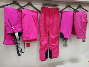 5 X BRAND NEW SKI PANTS IN VARIOUS STYLES AND SIZES TO INCLUDE 2 X CAMPRI PINK SKI PANTS IN SIZE UK 16 / UK 14 , 2 X COLMAR PINK SKI PANTS IN SIZES UK S , 1 X NEVIBEL PINK SKI PANTS IN SIZE UK 8