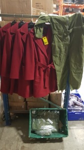 7 PIECE BRAND NEW MIXED CLOTHING LOT CONTAINING 4 X BRAND NEW DOROTHY PERKING RED BERRY WAIST BELTED OVERSIZED COATS - IN SIZES UK 6 , ALSO 3 X BRAND NEW TOPSHOP KHAKI BOILERSUIT IN SIZE UK 14
