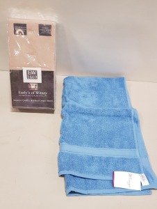 40 X MIXED LOT CONTAINING 30 X BRAND NEW PURE COTTON MIRAGE BATH TOWEL IN DELFT BLUE COLOUR - IN 2 BOXES & 10 X BRAND NEW EARLY'S OF WITNEY SUPERIOR QUALITY BRUSHED COTTON SHEETS FOR DOUBLE FITTED SHEET ( 139 X 191 + 33 CM )
