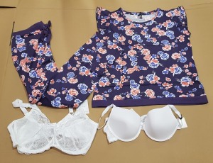 150 +BRAND NEW MIXED AVON CLOTHING / BRA LOT CONTAINING FLORAL FRILL-SLEEVE PYJAMAS SETS ALL IN SIZE UK 14 / 16 , ALSO TO INCLUDE 5 TRAYS OF BARS TO INCLUDE ESSENTIALS EDIT LYDIA FULL CUP WHITE BRAS IN SIZES ( 42 E , 38 DD , 38 D ) & AVON LANA T-SHIRT