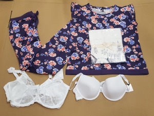150 +BRAND NEW MIXED AVON CLOTHING / BRA LOT CONTAINING FLORAL FRILL-SLEEVE PYJAMAS SETS ALL IN SIZE UK 22 / 24 , ALSO TO INCLUDE 4 TRAYS OF BRAS TO INCLUDE ESSENTIALS EDIT LYDIA FULL CUP WHITE BRAS IN SIZES ( 42 E , 36 E- ETC ) & AVON LANA T-SHIRT 