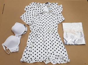 50 + MIXED CLOTHING / BRA LOT CONTAINING AVON HUSKY PYJAMA SETS IN SIZE UK 14/16 , AVON LANA T-SHIRT BRAS WITH LACE ( 36 C , 38 C ) , GOSSARD GYPSY LACE PLUNGE BRAS IN BLACK ( 34 F ) , AND BOOHOO POLKA DOT PLAY SUIT ( UK 10 ) ETC - IN 3 TRAYS AND 1 BOX