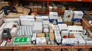 120 + PIECE BRAND NEW COMMERCIAL / HOMEWARE ELECTRICAL ITEMS TO INCLUDE CHINT NX3- 18MS CONSUMER UNIT , PROTEK ISOLATION SWITCH BOARD , CHINT NC1 AC CONTACTOR , NIGLON IP66 ROTARY ISOLATOR (IS204) , NVC LEXINGTON 3W LED EMERGENCY LIGHT , SCHAME 100 - 130