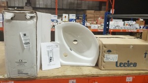 2 PIECE LOT CONTAINING 1 X BRAND NEW DUAL FLUSH CONCEALED WC CISTERN WITH WALL HUNG FRAME AND 1 X BRAND NEW CORNER SINK BASIN - IN 2 BOXES