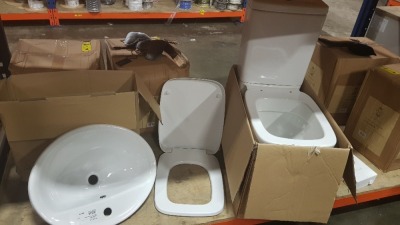 4 PIECE TOILET LOT CONTAINING 1 X BRAND NEW VELLO CLOSE COUPLED TOILET PAN ( VO1468WH) , 1 X BRAND NEW VELLO CLOSE COUPLED CISTERN 6/4L PUSH BUTTON ( VO2396WH) , 1 X BRAND NEW VELLO REFRESH TAP VANITY BASIN ( RE 4561 WH ) AND 1 X VELLO SEAT AND COVER SOF