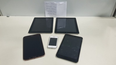 5 X MIX LOT TO INCLUDE 2 X APPLE IPADS, 1 X SAMSUNG TABLET, ASUS TABLET, SAMSUNG PHONE (ALL FOR SPARES)