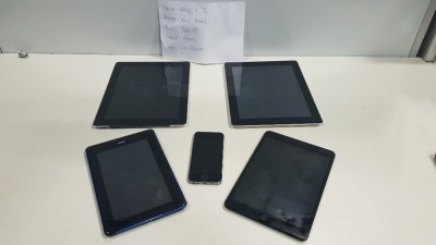 5 X MIX LOT TO INCLUDE 2 X APPLE IPADS , 1X APPLE IPAD MINI, ACER TABLET, APPLE IPHONE, (ALL FOR SPARES)