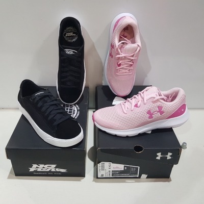 8 X BRAND NEW BOXED MIXED TRAINERS LOT CONTAINING 4 X BRAND NEW UNDER ARMOR SURGE 3 IN PINK IN SIZES UK 5.5 / 6/5 , 1 X BRAND NEW NO FEAR SLICE LOWS IN SIZE UK 7 IN BLACK AND WHITE AND 3 X BRAND NEW NO FEAR SLAM IN SIZE UK 9 IN BLACK AND WHITE