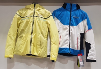 2 X BRAND NEW WINTER JACKETS TO INCLUDE 1 X NEVICA VAIL N10 JACKET IN YELLOW IN ( SIZE UK 8 ) AND 1 X NEVICA WHISTLER N20 IN WHITE/BLUE JACKET IN (SIZE UK 8 )