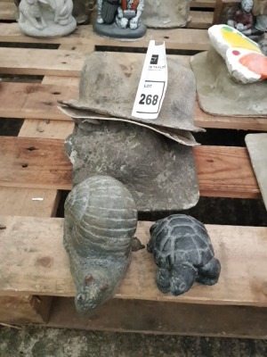 2 X GARDEN ORNAMENTS I.E TORTOISE AND SNAIL WITH FIBRE GLASS MOULDS AND LATEX SLIPS-(10 X15CM)