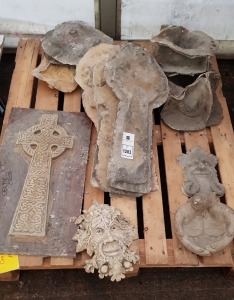 4 X MIXED GARDEN ORNAMENT LOT I.E CELTIC CROSS, GREEN MAN AND BIRD IN HANDS ETC WITH FIBRE GLASS MOULDS AND LATEX SLIPS- (56X22CM)