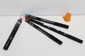 100+ PIECE MIXED COSMETICS LOT TO INCLUDE NYX HOT RED JUMBO LIP PENCIL, NYX SEAFOAM GREEN EYE/EYEBROW PENCIL, NYX COCOA LIP PENCIL AND NUTMEG LIP PENCIL ETC.