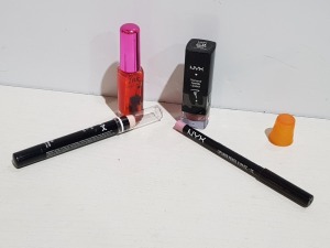 100+ PIECE MIXED COSMETICS LOT TO INCLUDE NYX SPARKLING VELVET DIAMOND ROUGE LIPSTICK, NYX FLOWER EYE/EYEBROW PENCIL, NYX SABLE BRONZE JUMBO LIP PENCIL AND INK ORANGE NAIL ART ETC.