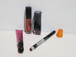 100+ PIECE MIXED COSMETICS LOT TO INCLUDE NYX BLACK LABEL ROUGE BRONZE LIPTICK, NYX WALNUT DIAMOND SPARKLE ROUGE LIPSTICK, NYX BRILLIANT SHEER GLOSS AND NYX BROWN AUTO EYE PENCIL ETC.