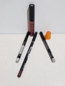 100+ PIECE MIXED COSMETICS LOT TO INCLUDE NYX GOLDEN PRUNE GLOSS, NYX EXPRESSO LIP PENCIL, NYX SILVER EYE/EYEBROW PENCIL AND NYX SILVER AUTO EYE PENCIL ETC.