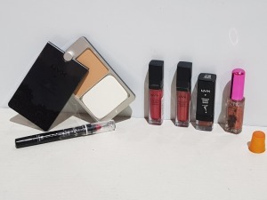 100+ PIECE MIXED COSMETICS LOT TO INCLUDE NYX BLACK LABEL LUXURIOUS PERFECT BEIGE COMPACT POWDER, NYX SPARKLING CHESTNUT DIAMOND ROUGE LIPSTICK, NYX PLUSH RED JUMBO LIP PENCIL AND NYX DIAMOND SPARKLE LIPGLOSS IN COPPER AND PAPRIKA ETC.