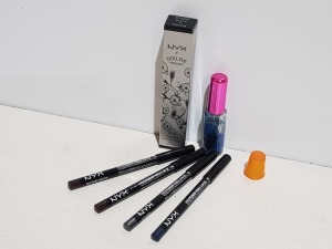 100+ PIECE MIXED COSMETICS LOT TO INCLUDE NYX EXTREME BLACK DOLL EYE MASCARA, INK PEARL BLUE NAIL ART AND NYX EYE/EYEBROW PENCIL IN VARIOUS COLOURS IE. DARK BROWN, GREY AND SAPPHIRE ETC.