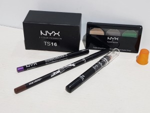 100+ PIECE MIXED COSMETICS LOT TO INCLUDE NYX VANILLA ICE JUMBO LIP PENCIL, NYX CHESTNUT LIP PENCIL, NYX PURPLE EYE/EYEBROW PENCIL AND NYX TRIPLE EYE SHADOW SET CONTAINS OPAL/PLATINUM SILVER AND LUSTER.