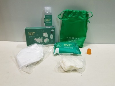 100 X BRAND NEW ARMOR LONDON SAFETY FIRST PROTECTIVE KITS INCLUDING GLOVES, HAND SANITISER, PROTECTIVE FACE MASK AND ANTISEPTIC WIPES.