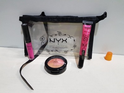 100+ PIECE MIXED COSMETIC LOT TO INCLUDE NYX PROFFESIONAL MAKE-UP BAGS, NYX FABULOUS PINK SHEER GLOSS, NYX MPB 12 DARE MOSAIC POWDER AND NYX DOLL PINK GLOSS.