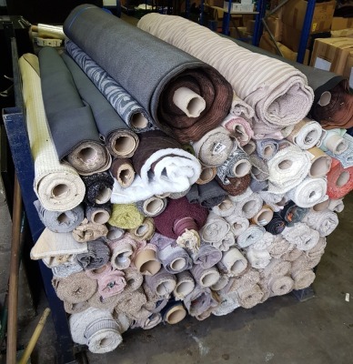 APPROX 70 X PART ROLLS OF FABRIC IN VARIOUS STYLES AND SIZES IN ONE CAGE (CAGE NOT INCLUDED)