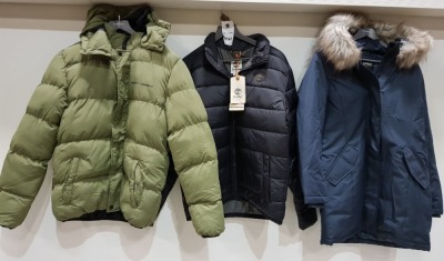 3 X PIECE BRAND NEW MIXED COAT LOT CONTAINING - 1X TIMBERLAND QUILTED PUFFER JACKET SIZE -SMALL - 1X ONLY NAVY PARKA SIZE - MEDIUM - 1X NIGHT ADDICTED KHAKI PUFFER JACKET