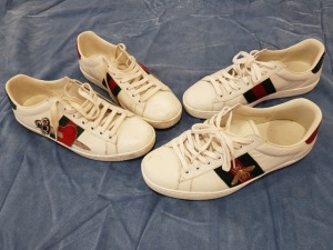 2 X PAIRS GUCCI TRAINERS WHITE ONE PAIR LOVE HEART DESIGN SIZE 38, ONE PAIR BEE DESIGN SIZE 6 - PLEASE NOTE ITEMS PRE OWNED NOT NEW