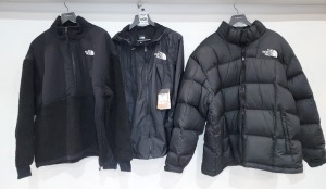 3 X THE NORTH FACE MIXED COAT LOT CONTAINING 1 X QUILTED PUFFER JACKETS SIZED X LARGE(NO TAG APPEARS UN USED) - 1X THE NORTH FACE BLACK FLEECE SIZE LARGE(NO TAG APPEARS UN USED) 1X THE NORTHFACE RAIN COAT SIZE LARGE WITH TAG