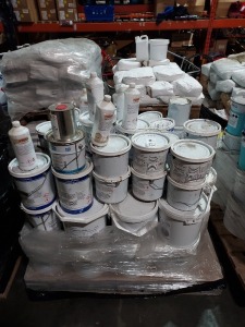 FULL PALLET OF APPROX 60 X MIXED PAINTS RESINS AND ACCELERATOR IE SHERWOOD- WILLIAMS,FOSROC DEKGUARD ETC (PLASE NOTE STOCK HAS EXPIRED)