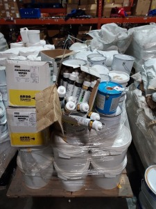 FULL PALLET OF 60 X MIXED PAINTS,RESIN AND HIGH VERSATILITY NON SILICONE SEALANT IE TIKKURILA, CHEMCO,ARBO SEALANTS (PLEASE NOTE DATE HAS EXPIRED)