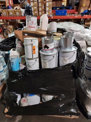 FULL PALLET OF APPROX 60 X MIXED PAINTS, HARDENERS AND RESINS IE TIKKURILA, FOSROC AND PPG (PLEASE NOTE STOCK HAS EXPIRED)