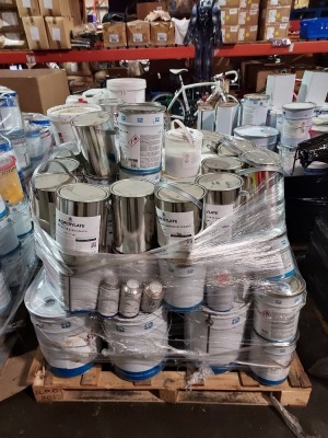 FULL PALLET OF APPROX 60 X MIXED PAINTS,RESINS AND ANTI CORROSION PRIMMER IE PPG,DACRYLATE,ETC (PLEASE NOTE STOCK HAS EXPIRED)