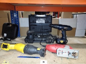 3 PIECE MIXED LOT TO INCLUDE DEWALT RIPSAW, BLACK & DECKER JIGSAW AND DIRECT POWER CORDLESS DRILL SET