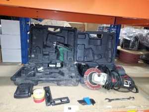 7 PIECE MIXED LOT TO INCLUDE HITACHI IMPACT DRILL SET, WICKES ANGLE GRINDER SET AND OTHER HAND HELD TOOLS