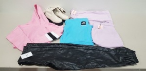 25 PIECE BRAND NEW CLOTHING LOT CONTAINING FAUX LEATHER BOOTS , IN THE STYLE FAUX LEATHER PANTS , THE NORTH FACE HOODIE , MISSGUIDED HOODIES AND JOGGER SET , ALCEA ROSIE SILK SKIRTS ETC ALL IN VARIOUS SIZES - IN 1 TRAY - NOT INCLUDED