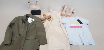 25 PIECE BRAND NEW CLOTHING LOT CONTAINING LEVIS TOP , ZARA BODY SUIT , MANGO SKIRT AND HANDBAG , ZARA BLAZERS , PUBLIC DESIRE HEELED SANDALS , MISSGUIDED FAUX LEATHER DRESS ETC - ALL IN VARIOUS SIZES - IN 1 TRAY - NOT INCLUDED