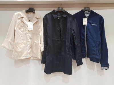 8 X PIECE MIXED CLOTHING LOT CONTAINING - BDG JEANS CREAM JACKET-SELECTED FEME BUTTONED JACKETS-PEPE JEANS DENIM JACKET -LUC BREVET NAVY LONG COAT - ETC (IN VARIOUS SIZES)