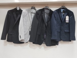 4 X SUIT BLAZER LOT CONTAINING- DIOR SUIT BLAZER IN BLACK SIZE 48 - TOMMY HILFIGER BLACK SUIT BLAZER SIZE 56- NEXT NAVY CHECK BLAZER SIZE 34- ASOS GREY BLAZER SIZE 40