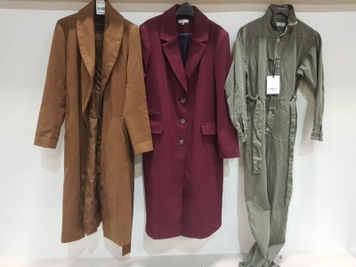 13 X PIECE MIXED CLOTHING LOT CONTAINING - NEW LOOK LONG BROWN COAT- H&M CREAM LONG COAT-DOROTHY PERKINS BLACK LONG COAT- BRAVE SOUL LONG CHARCOAL COAT - PULL AND BEAR BLACK BLAZER- ETC (VARIOUS SIZES)