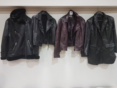 4 X PIECE MIXED COAT LOT CONTAINING - OASIS LEATHER STYLED COAT -WAREHOUSE LEATHER STYLE COAT - MISS GUIDED LEATHER STYLE COAT ETC (VARIOUS SIZES)