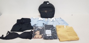 25 PIECE BRAND NEW CLOTHING LOT CONTAINING ZARA JEAN SHORTS , VIRGOS LOUNGE DRESS , SHEIN PYJAMAS SET , SKETCHERS SPORT GYM LEGGINGS , URBAN THREADS SKIRTS , BLACK BACKPACKS , PEACOCKS WOVEN FRONT PRINT VEST ETC ALL IN VARIOUS SIZES - IN 1 TRAY - NOT I