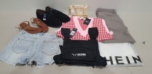 25 PIECE BRAND NEW CLOTHING LOT CONTAINING TOPMAN SUEDE SHOES SIZE UK 11 , RALPH LAUREN SANDALS , SHEIN JEAN JEANS , PRETTYLITTLETHING MATERNITY BLACK RIB RACER OVER BUMP BODYSUIT , ICHI STRAIGHT CUT PANTS , H&M BLOUSE DRESS , VARIOUS BELTS - ETC IN VARI