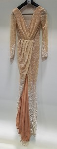 GOLD & CREAM COLOURED TRAILING GOWN (1.5M FROM WAIST TO END OF THE TRAIL) - FULL LENGTH SEQUIN EMBELLISHMENT BY HAND, WAIST BAND WIDTH 30CM (NOTE ITEM IS PRE OWNED NOT NEW - REQUIRES PROFESSIONALLY CLEANING - NO LABELS ATTACHED - APPEARS BESPOKE TO ORDER)