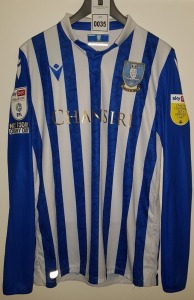 SHEFFIELD WEDNESDAY FOOTBALL SHIRT - LONG SLEEVED - SIZE L WITH BERAHINO 24 ON THE REVERSE (SEE IMAGES) - BRAND: MACRON, SPONSORS: CHANSIRI, BLUSTEEL CLEAN ENERGY DRINK, SKYBET