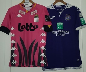 2 X SHORT SLEEVED FOOTBALL SHIRTS SIZE M IE. R.C.S.C. PINK WITH NUMBER 38 ON THE REVERSE. BRAND: KAPPA, SPONSORS: LOTTO, FUJITSU, PRO LEAGUE RSC ANDERLECHT PURPLE WITH ROOFE 93 ON THE REVERSE. BRAND: J OFFICAL PRODUCTS, SPONSORS: BNP PARIBAS FORTIS, J, PR