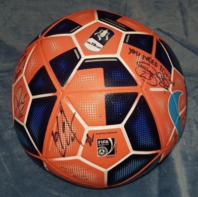 NIKE ORDEM THE FA CUP OFFICIAL MATCH BALL WITH NUMEROUS UNKNOWN SIGNATURES (SEE IMAGES) CONGRATULATING SAIDO & SIMILAR. ONE READS IT WAS ONLY GATESHEAD YOU KNOW !