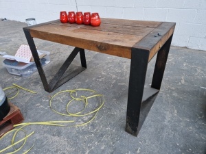 *** THIS ASSET IS LOCATED IN REDDISH & WILL NEED COLLECTING BY ARRANGEMENT UP TO FRIDAY 3RD FEBRUARY 2023 *** 3 X BESPOKE INSUDTRIAL STYLE TABLES AND ONE DISASSEMBLED BESPOKE INDUSTRIAL STYLE TABLE