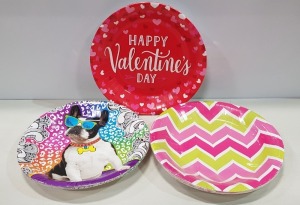 360 X PACKS OF 10 BRAND NEW MIXED PAPER PLATES LOT CONTAINING ZIG ZAG PAPER PLATES AND FUNKY DOG PAPER PLATES - IN 6 BOXES -26CM