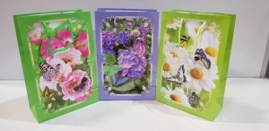 200 X PACKS OF 12 FLORAL AND BUTTERFLY DESIGN GIFT BAGS IN 20+ BOXES- 29CM HEIGHT- 19CM WIDE- 9CM DEPTH