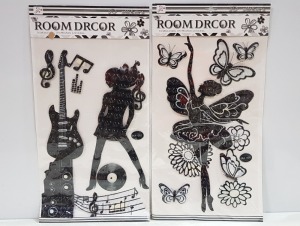 2000 X BRAND NEW ROOM DÉCOR 3D STICKERS IN 3 STYLES I.E GUITAR GIRL - PALM TREES - BUTTERFLY BALERINA IN 10 BOXES- 58CM X 30CM